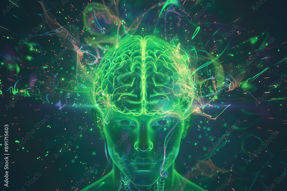 Poster digital rendering of human brain with green glowing light and sparkles