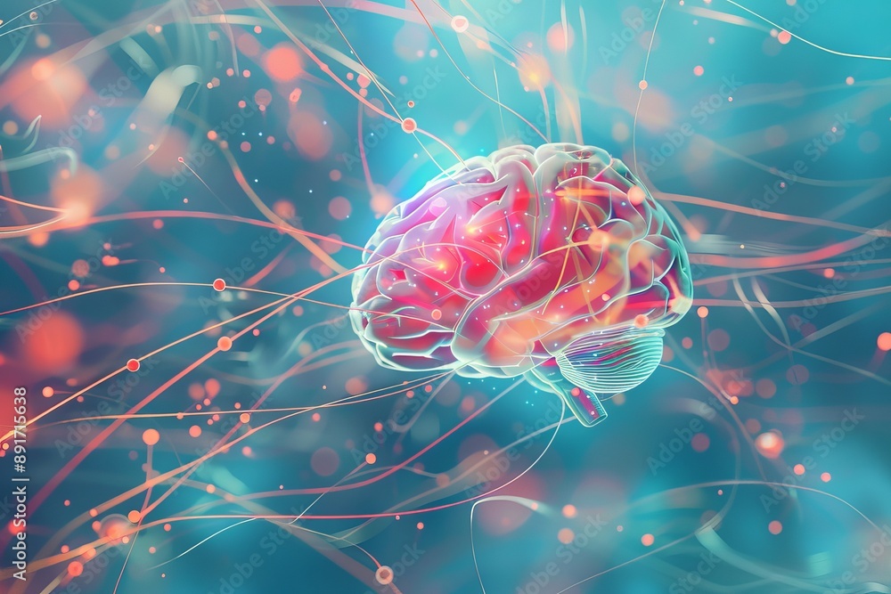 Poster digital illustration of a human brain with abstract neural network
