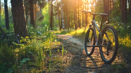 Fototapeta premium Mountain Bike on Forest Trail at Sunset