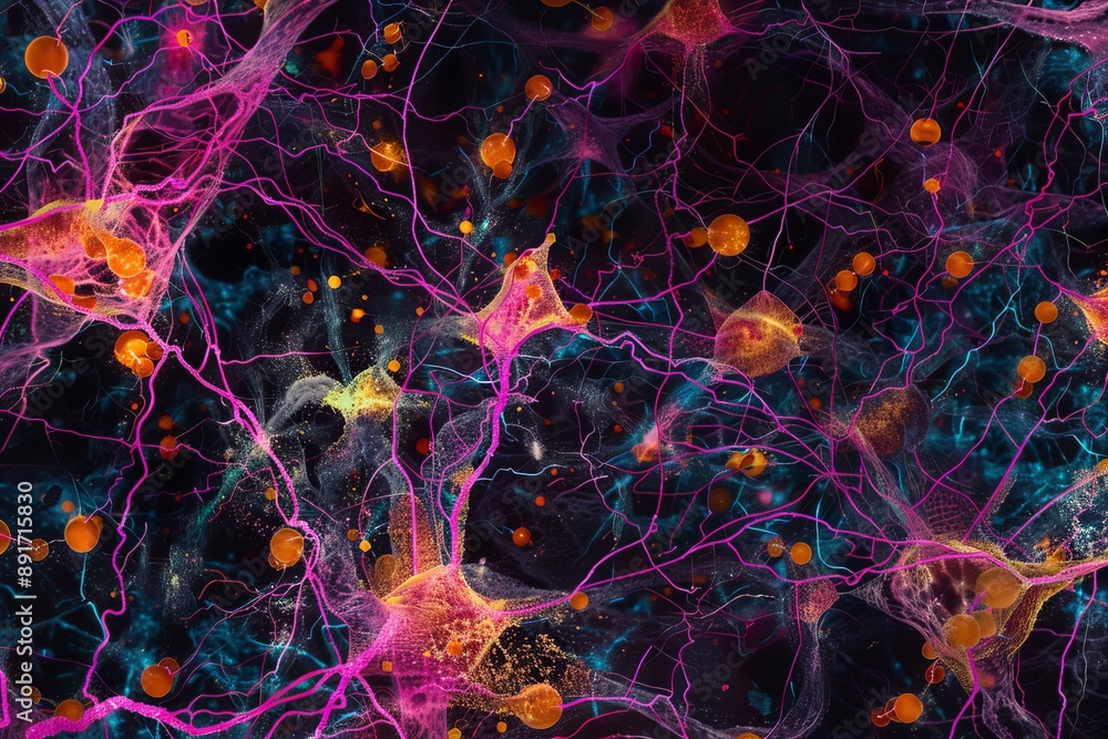 Poster fluorescent microscopic image of neuron network with axons and dendrites