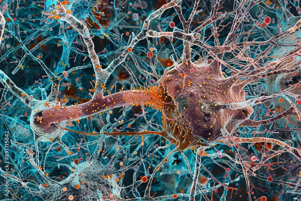 Poster microscopic image of a neuron cell with dendrites and axon