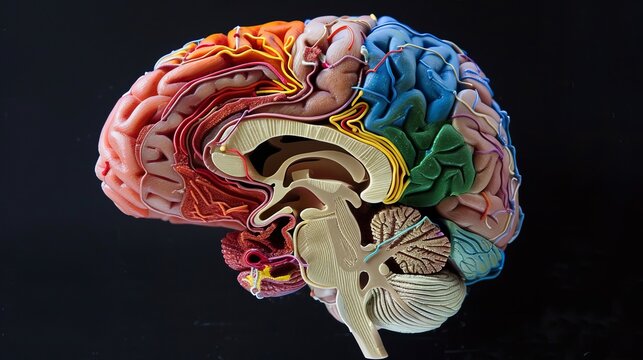 Colorful anatomical model of a human brain in profile