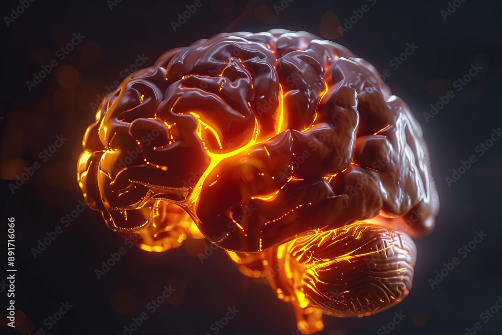 Poster glowing human brain with visible folds and structures