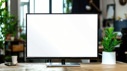 Blank white smart TV screen on a wooden table
