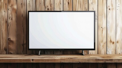 Blank white smart TV screen on a wooden table