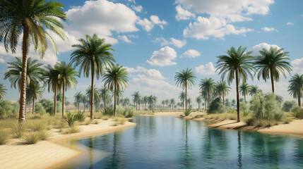 Fototapeta premium Desert oasis with palm trees