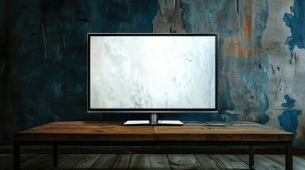 Blank white smart TV screen on a wooden table
