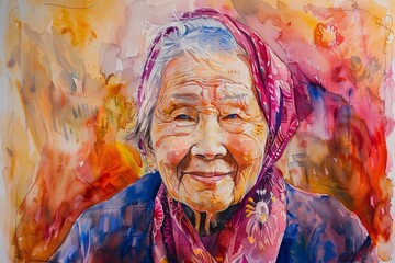 A watercolor painting of a smiling elderly woman wearing a red headscarf