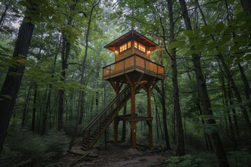A forest watchtower in Canada, standing tall among the dense trees
