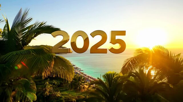 The number "2025" against the backdrop of a tropical landscape with palm trees and the ocean at sunset.
Concept: Vacation planning, travel guides, booking