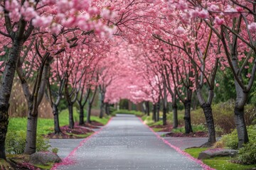 A peaceful pathway flanked by vibrant pink cherry blossom trees in full bloom.






