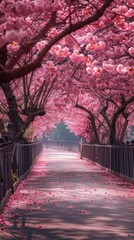 A peaceful pathway flanked by vibrant pink cherry blossom trees in full bloom.






