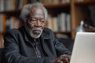Obraz premium Elderly African American man working on a laptop in a library, focusing on a task. Concept: work, concentration, intellectual activity, learning