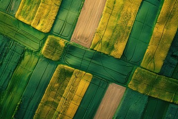 An abstract aerial view of farm fields forming geometric shapes in vibrant yellows and greens. The drone perspective reveals striking patterns and textures, with plenty of empty space around.






