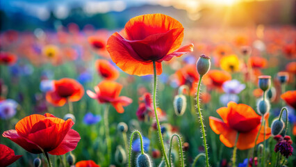 Obraz premium Field of Red Poppies in Summer Sunlight