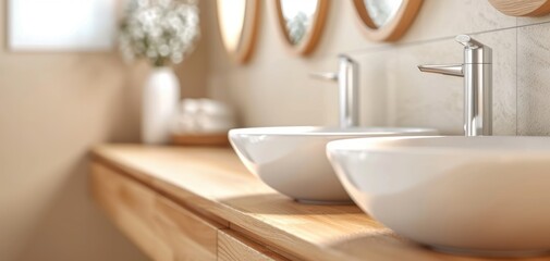 Modern bathroom design featuring elegant bowls and stylish faucets on a wooden countertop, creating a serene atmosphere.