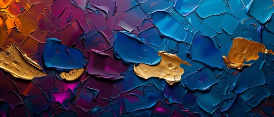 Vibrant abstract painting featuring bold strokes of blue, gold, purple, and orange hues, creating a dynamic and textured composition