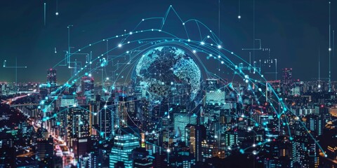 Abstract Smart Digital Cityscape: Futuristic Interconnected Metropolis with Wireless Networks and Data Skyscrapers. Intelligent Urban Landscape Illustrating Next-Generation Technology, IoT Connectivit