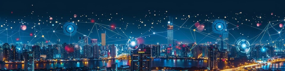 Abstract Smart Digital Cityscape: Futuristic Interconnected Metropolis with Wireless Networks and Data Skyscrapers. Intelligent Urban Landscape Illustrating Next-Generation Technology, IoT Connectivit