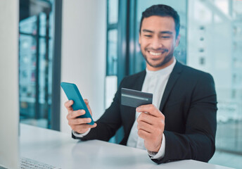 Businessman, hand or credit card with phone in office for online shopping, ecommerce or happy with payment. Professional, trader or employee with cryptocurrency investment, fintech or finance at desk