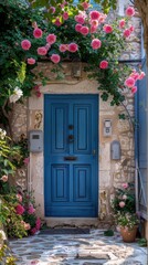 Fototapeta premium A charming cottage entrance with a vibrant blue door, climbing roses, and a rustic stone pathway, all bathed in soft morning light, creating an inviting atmosphere.