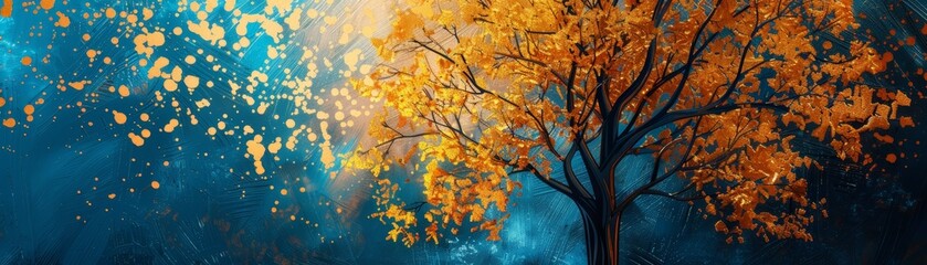 A vibrant autumn tree with yellow leaves stands out against a dreamy, abstract background with shades of blue and scattered light effects