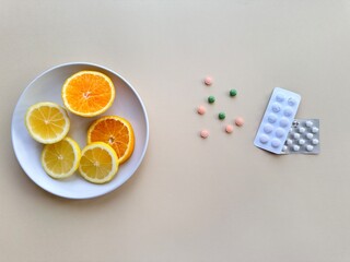 healthy diet. vitamin pills and fruits 