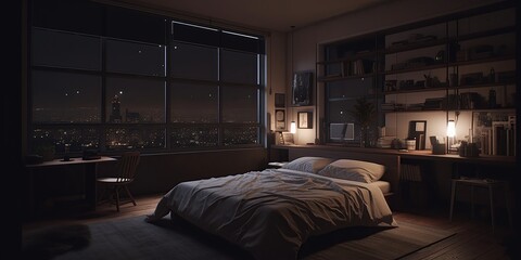 Cozy modern bedroom with city skyline view at night