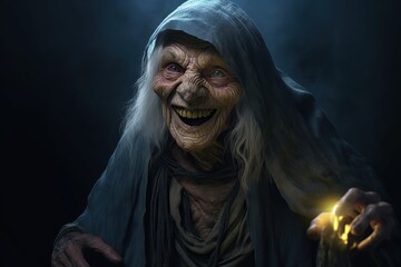 Eerie old hag with dark blue skin and glowing light in hand