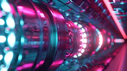 Futuristic Machine with Neon Blue and Pink Lighting in High-Tech Environment