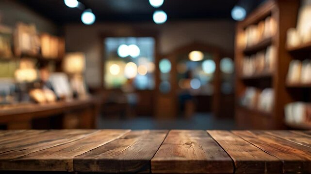 Wooden Tabletop with Blurred Bookstore Background