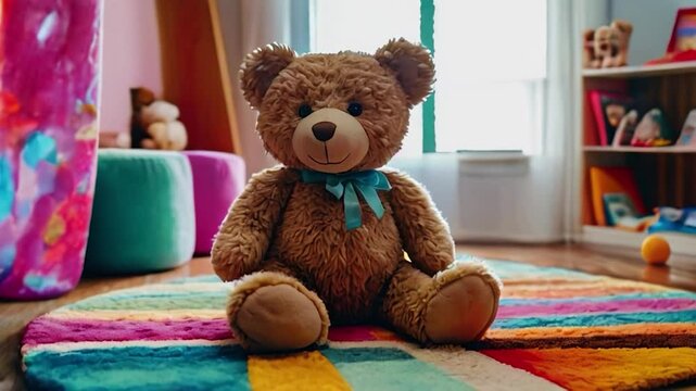 Brown Teddy Bear with Blue Bow Sitting on Multicolored Rug in Playroom