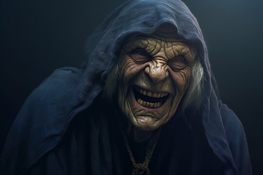 Old hag with dark blue skin in spooky cloak smiling wickedly