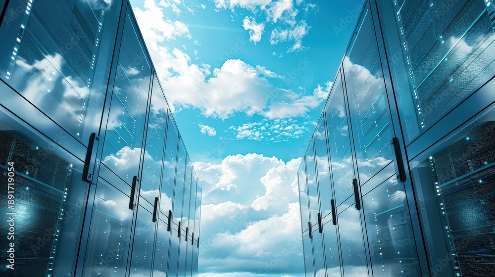 Poster rows of servers are arranged in an open space, facing the sky. the servers are mirrored, reflecting 