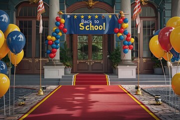 A school's main entrance with a festive "Back to School" banner, balloons, and a red carpet