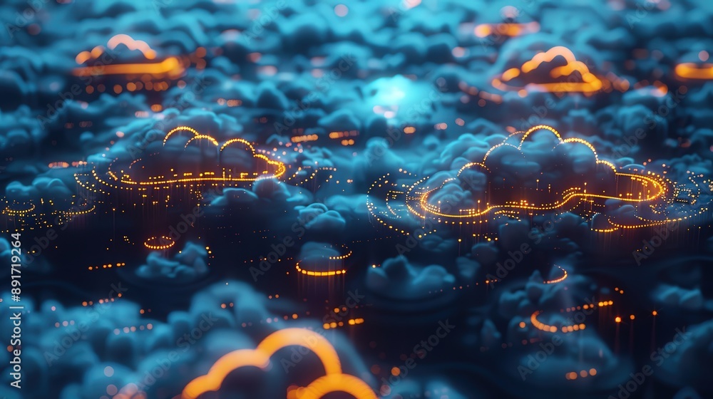 Poster glowing lines trace a cityscape across a cloud, symbolizing the vast network of data flowing through