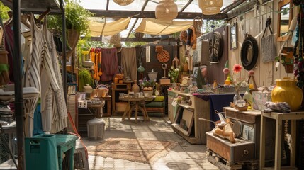 Obraz premium Eco-Friendly Upcycling Fair with Creative Reuse Projects Displayed at Various Stalls