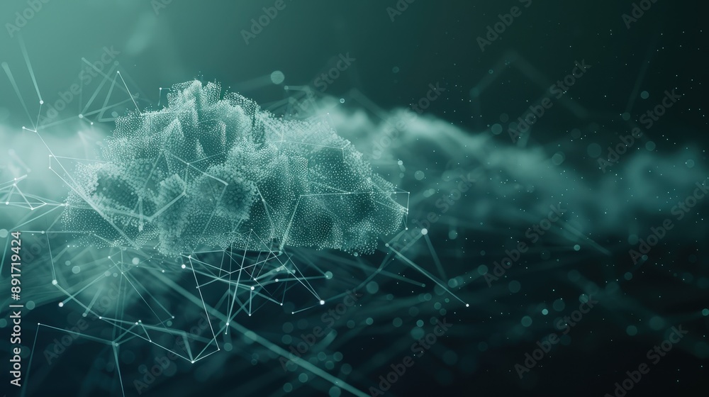 Poster A digital rendering of a cloud-based network, depicted as a textured, cloud-like structure connected by lines and dots, against a dark teal background