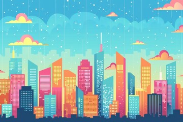 Fototapeta premium A flat 2D illustration of a city from a sky view, featuring skyscrapers in the background, simple to draw, and vector style.