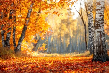 Fototapeta premium A forest with trees in autumn foliage, showcasing a scenic and serene atmosphere.