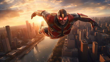 Superhero flying in the sky with costume and cape. Action movie blockbuster shot.