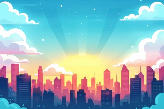 A flat 2D illustration of a city from a sky view, featuring skyscrapers in the background,  simple to draw, and vector style.