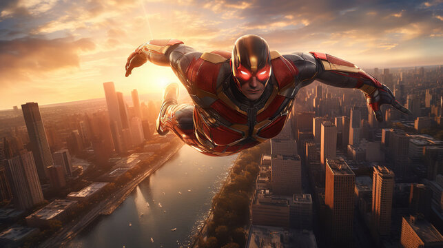 Superhero flying in the sky with costume and cape. Action movie blockbuster shot.