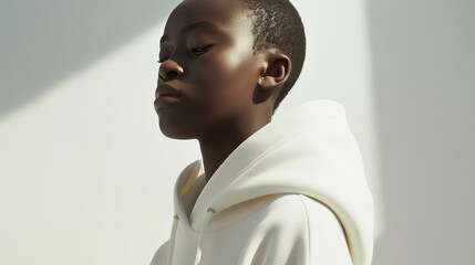 Model in a White Hoodie with Minimalist Background
