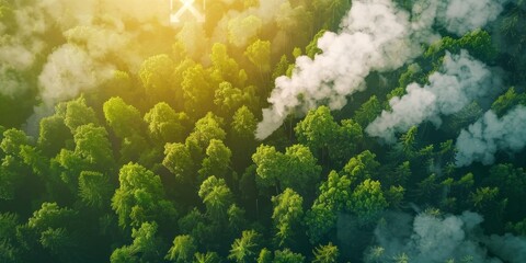 Abstract Concept of Reducing Carbon Emissions: Top View Illustration for World Environment Day. Double Exposure of Eco-Friendly Industries and Climate Concepts, Promoting Low-Carbon Transportation and