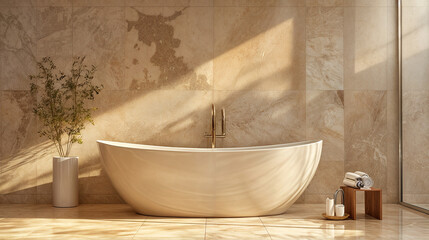A large white freestanding bathtub with a modern design is located in a bathroom with a warm color palette.
