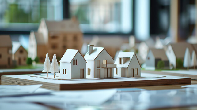 detailed model of an architectural design, featuring small white houses on a table with a blurred background of other similar designs