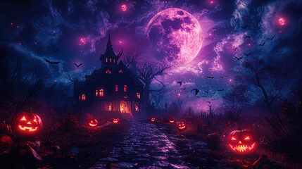 Fototapeta premium Eerie Halloween Haunted House Illustration With Glowing Pumpkins