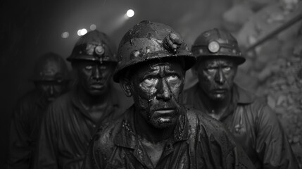 Coal miners covered in soot emerge from a mine shaft, their faces illuminated by the dim light of headlamps