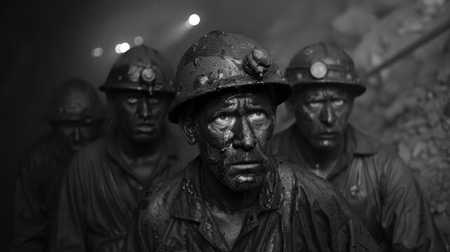 Coal miners covered in soot emerge from a mine shaft, their faces illuminated by the dim light of headlamps